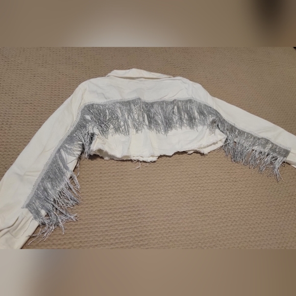 White and Silver Fringe Cropped Denim Jacket - Picture 8 of 11